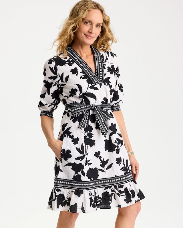 Floral Cotton-Linen Belted Dress - image 1